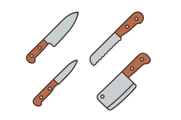 Collection of essential kitchen knives: chef's knife, bread knife, paring knife, and cleaver for food preparation