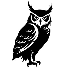 Illustration of a horned owl standing tall with piercing eyes and detailed feather patterns in black and white