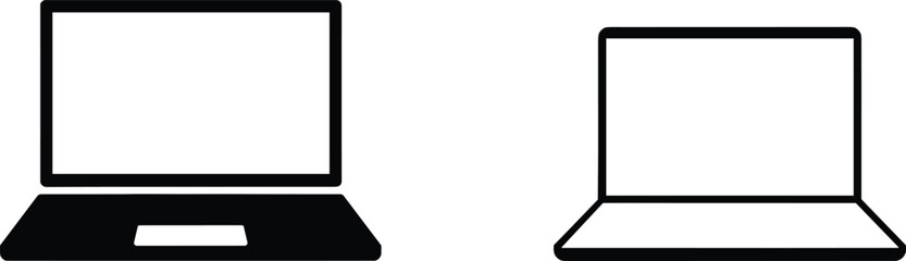 Laptop silhouette icons with screen and base, modern and classic styles, black vector graphic for tech, UI, and device design
