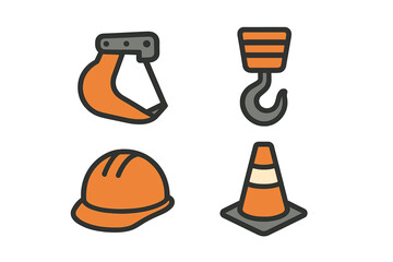 Essential construction elements including hard hat, crane hook, traffic cone, and excavator bucket for building projects
