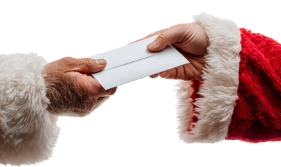  hand of santa claus holding an envelope and handing it over to another hand,   png.