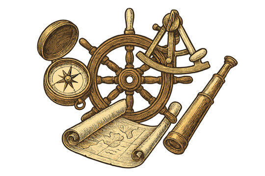 Vintage nautical navigation tools including ship wheel, compass, sextant, telescope, and old map for maritime exploration
