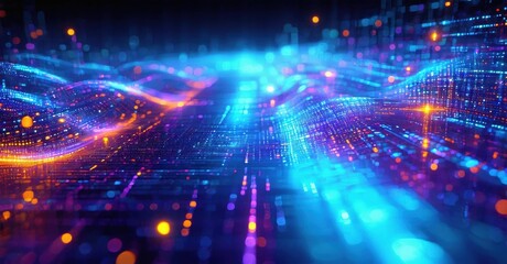 Abstract digital landscape. Glowing lines, vibrant colors create futuristic tunnel effect. Data streams, energy pulses visible.