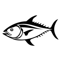 Illustration of a tuna fish with detailed fins and gills in black and white vector format design style