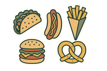 Colorful collection of popular fast food items including taco, hot dog, french fries, hamburger, and pretzel on a white background