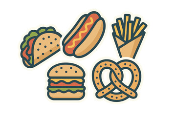 Collection of popular fast food items including a hot dog, hamburger, taco, french fries, and pretzel