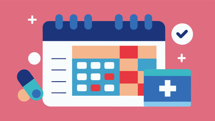 A depiction of a busy hectic schedule with appointments meetings and events overlapping on a calendar. A weekly pill organizer is strategically p in the corner reminding viewers. Vector illustration