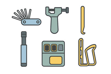 Essential bicycle repair tools and cycling accessories set including pump, chain breaker, tire levers, and patch kit