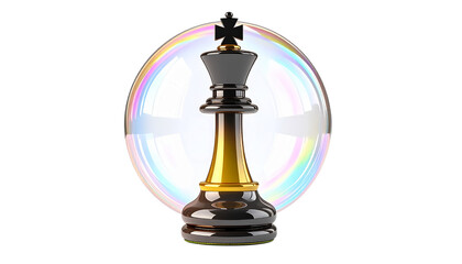 Gold and black chess king glows, sits isolated with a transparent bubble. Strategic game, product, posters.