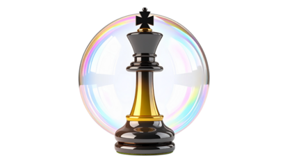 Gold and black chess king glows, sits isolated with a transparent bubble. Strategic game, product, posters.