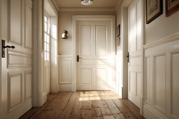 Interior hallway with sun rays illuminating a rustic wooden floor and classic white wainscoting