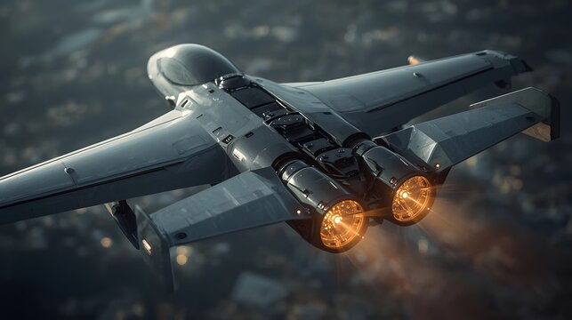 An angled, cinematic photo of a sleek, futuristic jet with glowing orange engines flying high over a blurred city or landscape - Powered by Adobe