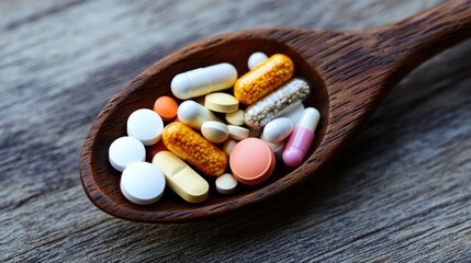 Wooden spoon filled with pills, capsules, and tablets showing variety of medical treatments. 