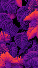 Vibrant purple and orange tropical leaves create dramatic, enchanting jungle pattern with lush foliage and bold contrast