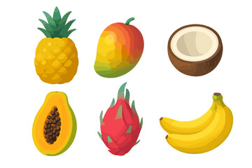 Vibrant tropical fruit collection with fresh pineapple, mango, coconut, papaya, dragon fruit, and ripe bananas