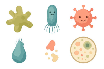 Adorable cartoon microorganisms set with various bacteria, virus, and germ shapes for health and science concepts