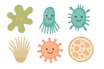 Cute microscopic organisms set with various bacteria, viruses, and amoeba shapes for biology and science concepts