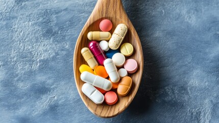 Wooden spoon filled with pills, capsules, and tablets showing variety of medical treatments. 