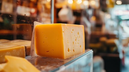 Yellow cheddar block on a shop counter, a staple of deli displays and cheese boards.
