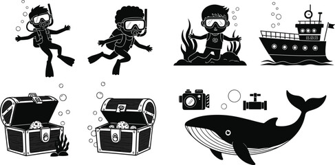 Underwater exploration illustration set, scuba divers, child swimming, treasure chest, whale, boat, marine life, ocean adventure, black and white design
