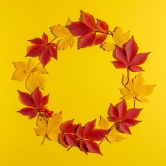 Fototapeta premium Creating Autumn Wreath Using Fall Leaves on Yellow Background