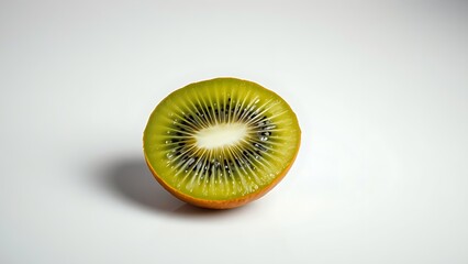 Close-up of a sliced kiwi fruit on white background, revealing vibrant green flesh and fresh water droplets.
