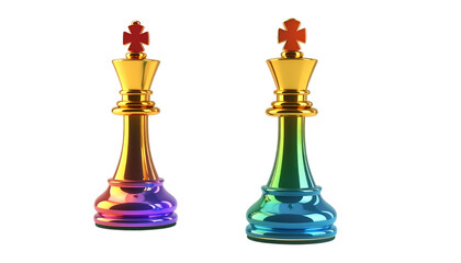 Chess kings shine with gold and rainbow gradients on a transparent background, ideal for branding and social media.