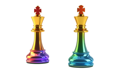 Chess kings shine with gold and rainbow gradients on a transparent background, ideal for branding and social media.