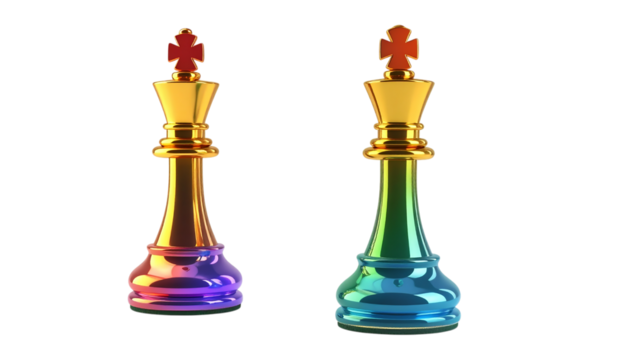 Chess kings shine with gold and rainbow gradients on a transparent background, ideal for branding and social media.