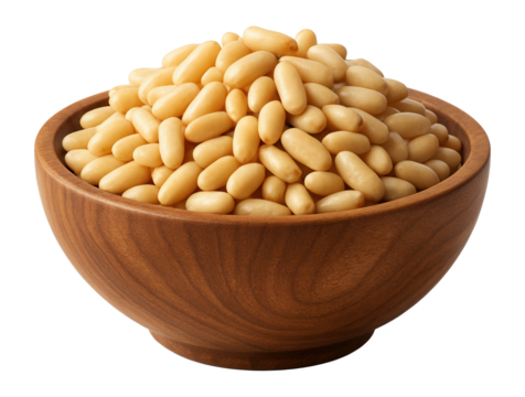 Pine nuts piled in a wooden bowl.