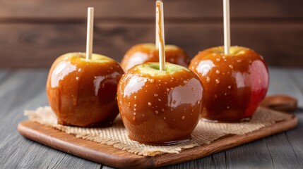 Freshly Coated Caramel Apples on Wooden Board with Rustic Background Perfect for Fall Celebrations and Seasonal Treats in Cozy Setting