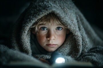 Fototapeta premium Young child under a blanket using a flashlight to read a captivating book in the dark