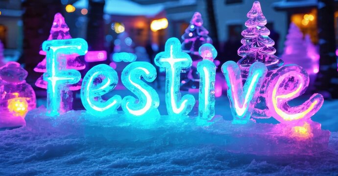 Bright ice sculpture spells Festive. Background shows blurred winter scene, lights, trees. Cool colors dominate composition.