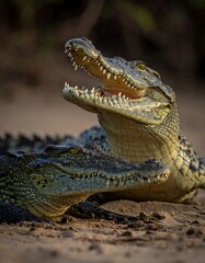 Two crocodiles resting on sand, mouths agape