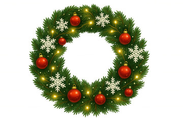 Christmas wreath decorating green pine branches with red baubles, snowflakes, and glowing string lights for a festive holiday