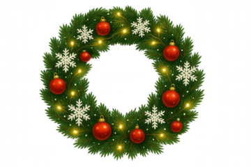 Christmas wreath decorating green pine branches with red baubles, snowflakes, and glowing string lights for a festive holiday