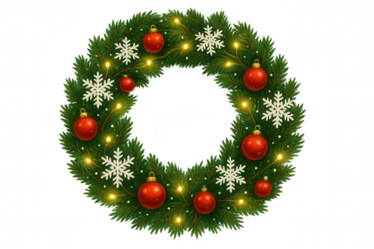 Christmas wreath decorating green pine branches with red baubles, snowflakes, and glowing string lights for a festive holiday