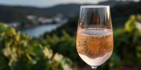 Sparkling champagne with golden bubbles captures celebratory moment outdoors perfectly.
