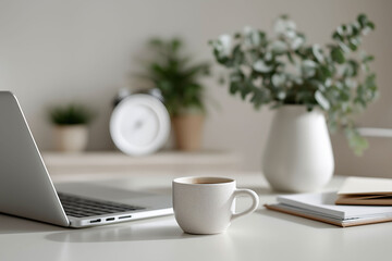 Modern home workspace combines laptop technology with natural plants and coffee.