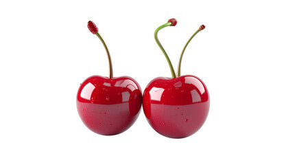 Red, glossy cherries shine with water droplets. Great for product photography and food branding. PNG and transparent background.
