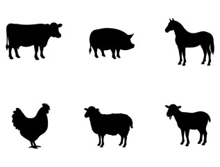Set of farm animal silhouettes including a cow, pig, horse, chicken, sheep, and goat on a white background