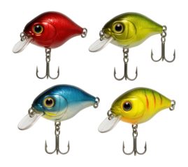 Colorful fishing lures hanging.