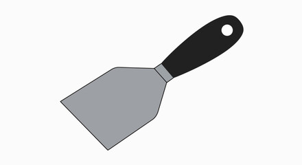 A simple illustration of a metal putty knife with a black handle against a white background.