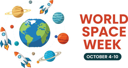 Whimsical illustration celebrating World Space Week with planets, rockets, and Earth.