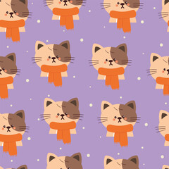 seamless pattern cute cartoon cat with orange scarf and snowflakes for winter season wallpaper
