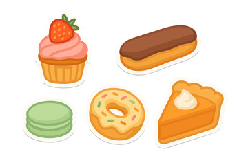 Collection of sweet desserts and pastries including cupcake, donut, pie, macaron, and eclair with white outlines