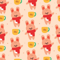 seamless pattern cute cartoon bunny wearing red scarf with warm drink for autumn theme wallpaper