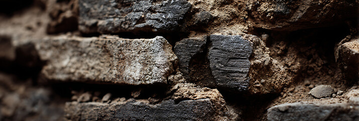 Fototapeta premium A close-up of a weathered and rustic stone wall, showcasing the rough, earthy textures and irregular shapes of its ancient, dark bricks or rocks. 
