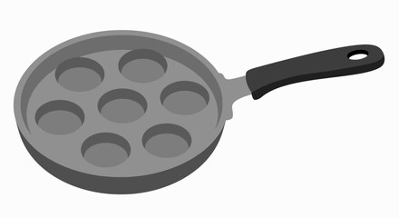 A gray non-stick frying pan with seven circular molds for cooking, isolated on a white background.