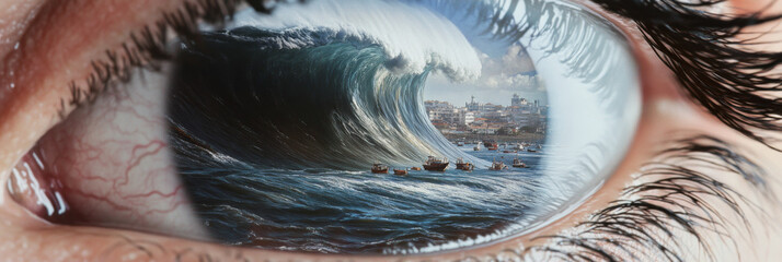 Human eye reflecting giant tsunami wave in apocalyptic scene, conceptual